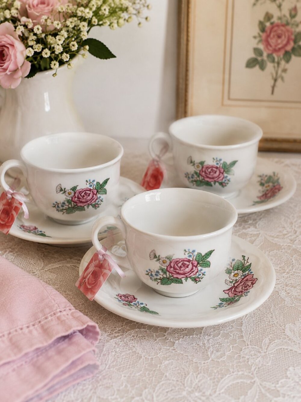 Hallmark Quiet Moments Floral Teacup & Saucer Set of 3 Pink Rose Tea Cups NWT